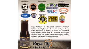 Bayu Kelulut honey bottle with certification logos on a white background